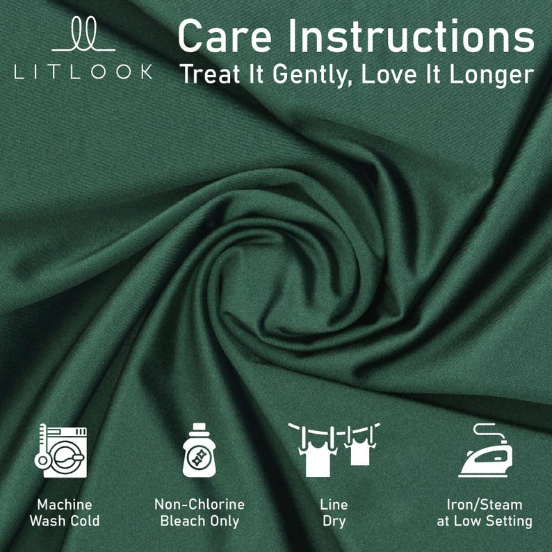 May include: Dark green fabric with the Litlook logo and care instructions: Machine wash cold, non-chlorine bleach only, line dry, and iron/steam at low setting. The text reads "Treat It Gently, Love It Longer."