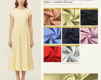 Puede incluir: Un vestido midi de color amarillo claro con mangas cortas y cintura fruncida. La imagen incluye texto sobre la tela LitLook Cotton Poplin Wide Cotton Spandex y ocho muestras de tela en malva, mantequilla, negro, chambray, azul, rosa, rojo y blanco.