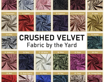 May include: A collection of 26 swatches of crushed velvet fabric in various colors, including Acaiberry, Baby Blue, Baby Pink, Black, Burgundy, and more. The text "CRUSHED VELVET Fabric by the Yard" is displayed.