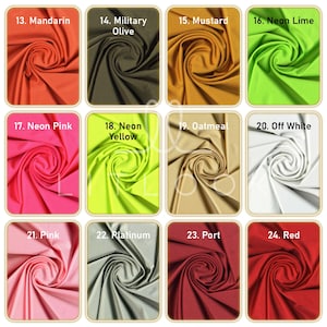 May include: A collection of fabric swatches in various colors, including Mandarin, Military Olive, Mustard, Neon Lime, Neon Pink, Neon Yellow, Oatmeal, Off White, Pink, Platinum, Port, and Red. Each swatch is labeled with a number and color name.