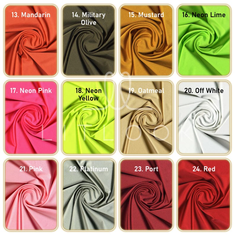 May include: A collection of fabric swatches in various colors, including Mandarin, Military Olive, Mustard, Neon Lime, Neon Pink, Neon Yellow, Oatmeal, Off White, Pink, Platinum, Port, and Red. Each swatch is labeled with a number and color name.