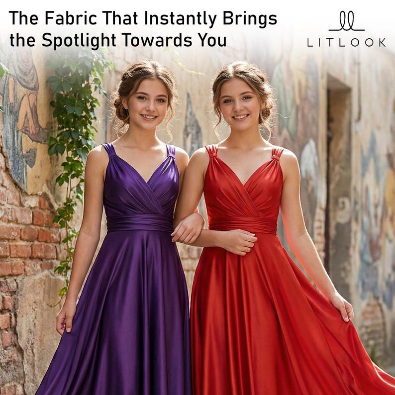 May include: Two women wearing elegant, floor-length dresses. One dress is a deep purple, the other is a vibrant red. The dresses have a V-neck design and a flowing skirt. The text in the image reads: "The Fabric That Instantly Brings the Spotlight Towards You."