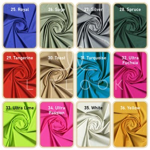 May include: A grid of fabric swatches in various colors, including royal blue, sage green, silver, spruce green, tangerine, toast, turquoise, ultra fuchsia, ultra lime, ultra passion, white, and yellow. Each swatch is labeled with a number and color name.