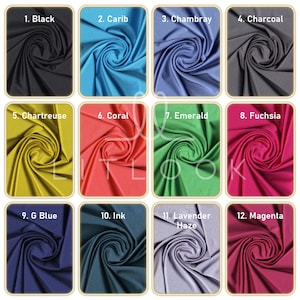 May include: A color chart featuring swatches of fabric in twelve different colors. The colors are labeled: Black, Carib, Chambray, Charcoal, Chartreuse, Coral, Emerald, Fuchsia, G Blue, Ink, Lavender Haze, and Magenta.