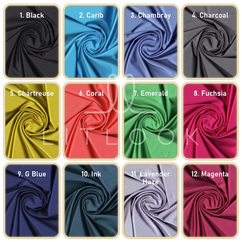 May include: A color chart featuring swatches of fabric in twelve different colors. The colors are labeled: Black, Carib, Chambray, Charcoal, Chartreuse, Coral, Emerald, Fuchsia, G Blue, Ink, Lavender Haze, and Magenta.