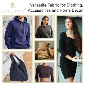 May include: The image showcases a variety of items made from versatile fabric. Featured are a navy blue hoodie, a gray sweatshirt, tan throw pillows, a dark blue suede tote bag, a dark brown crop top, and a black dress. The text reads "Versatile Fabric for Clothing, Accessories and Home Decor."
