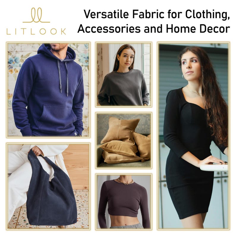 May include: The image showcases a variety of items made from versatile fabric. Featured are a navy blue hoodie, a gray sweatshirt, tan throw pillows, a dark blue suede tote bag, a dark brown crop top, and a black dress. The text reads "Versatile Fabric for Clothing, Accessories and Home Decor."
