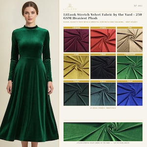 May include: A long-sleeve emerald green velvet dress with a high neckline and a flared skirt, displayed alongside a color chart featuring nine fabric swatches labeled LitLook Stretch Velvet Fabric by the Yard - 250 GSM Heaviest Plush.