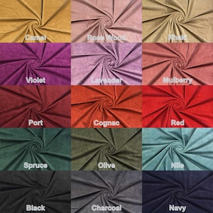 May include: A collection of 15 fabric swatches in various colors, including camel, rose wood, khaki, violet, lavender, mulberry, port, cognac, red, spruce, olive, nile, black, charcoal, and navy.