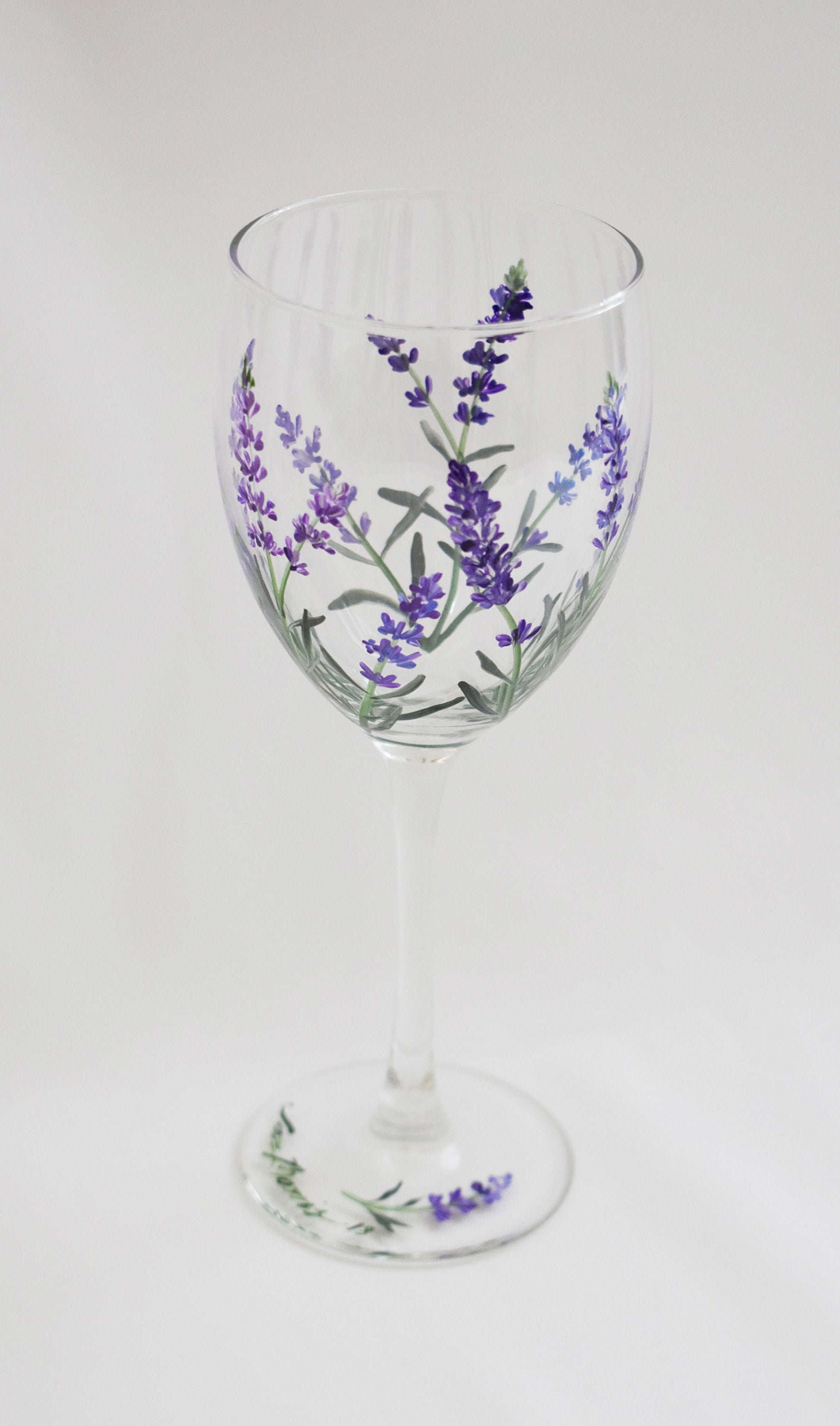 Hand Painted Lavender Stemmed Wine Glasses Set of 2 Purple Lavender Flower  and Pink Rose buds