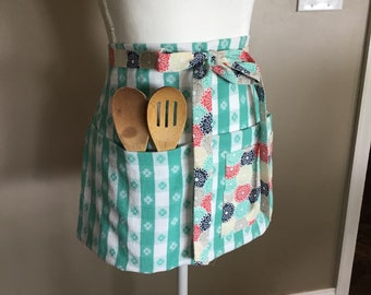Summery Aqua Half-Apron Handcrafted from Tablecloth