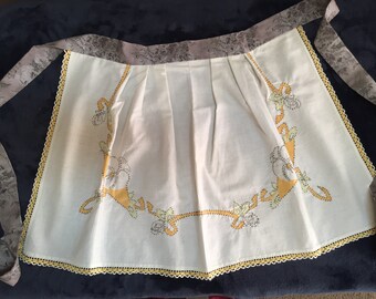Price Reduced Gray and white apron from vintage tablecloth