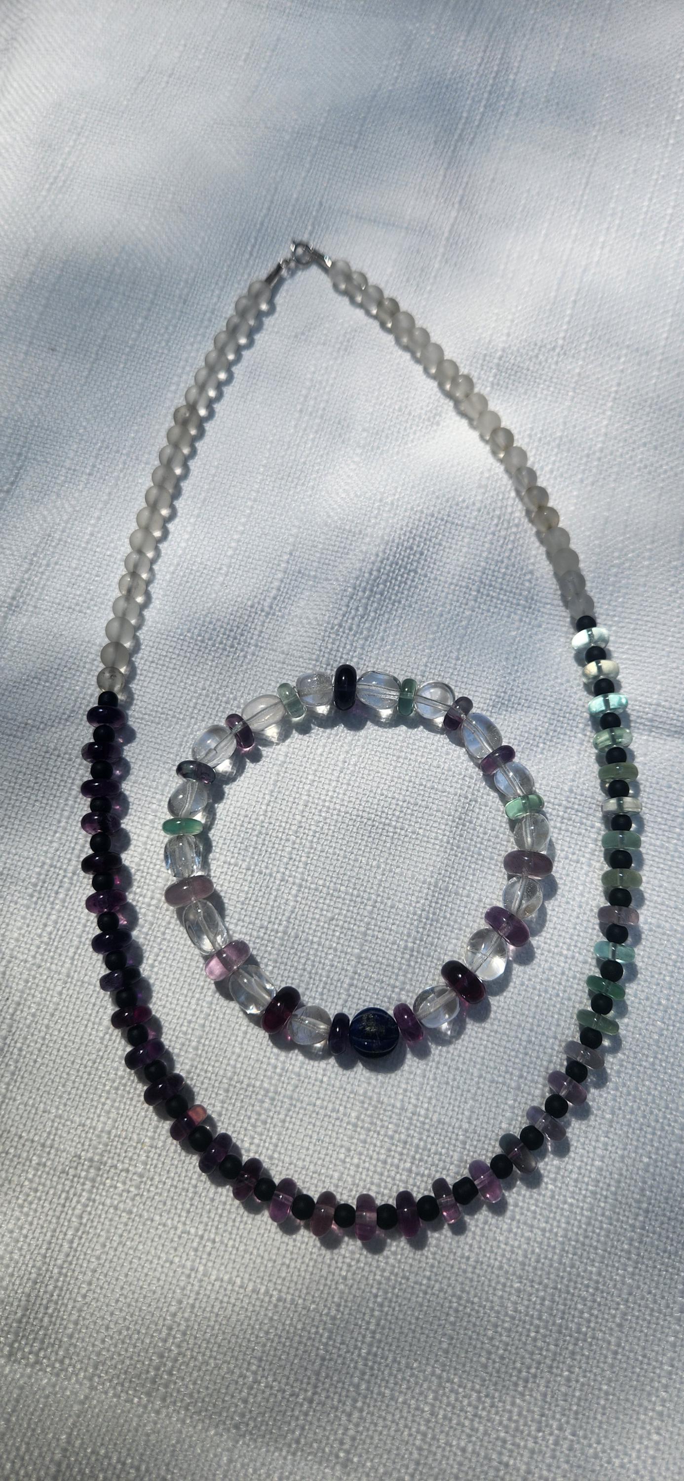 Rainbow Fluorite Necklace, Bracelet, Set, Clear Quartz, Lapis  display picture 1