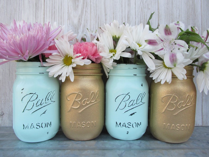 Painted Ball Mason Jars Flower Vases Mint Light Etsy