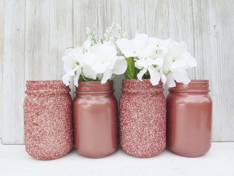 4 Rose Gold Glitter Mason Jars Centerpiece Flower Vases Etsy
