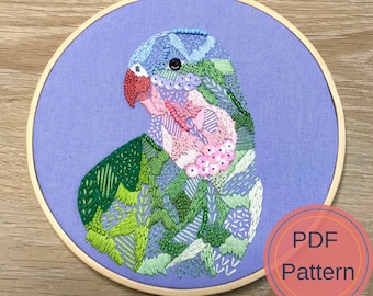 Digital Download Princess Parrot Embroidery Pattern, PDF Pattern, Hoop art, Modern Embroidery, Bird Art