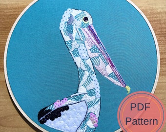 Pelican PDF Pattern, Digital Download, Hand Embroidery, Australian Birds, Bird Art