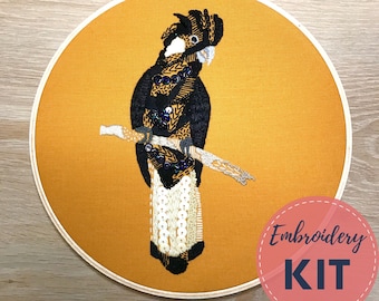 Embroidery Kit - Yellow Tailed Black Cockatoo - DIY Embroidery art, Hoop Art, diy craft