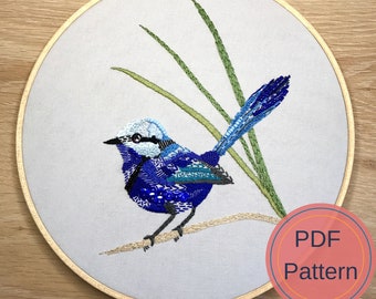 PDF Embroidery Pattern - Splendid Fairy Wren - Australian Birds, Digital Download, DIY Embroidery