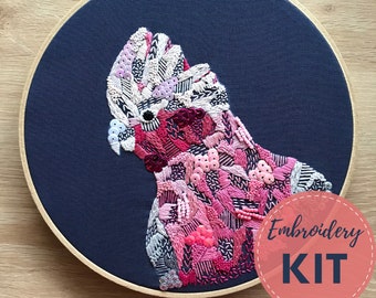 Embroidery Kit - Galah - DIY Embroidery art, Bird Art, Hand Embroidery, Pink
