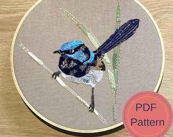 Superb Fairy Wren Digital Downloadable Pattern, Modern Embroidery art, Handmade PDF Pattern, Australian bird, Bird Art