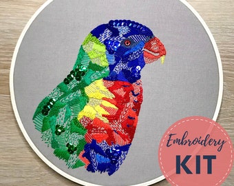 Lorikeet Embroidery Bird, Complete Kit, Australian Bird, DIY Embroidery, Beginner