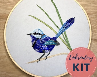 Embroidery Kit - Splendid Fairy Wren - DIY Embroidery art, Bird Art, Hand Embroidery, Complete Kit, Craft Kit