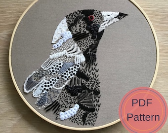 Australian Magpie Embroidery Pattern, PDF Pattern, Handmade Bird Art, Digital download, DIY Wall decor, Modern Embroidery