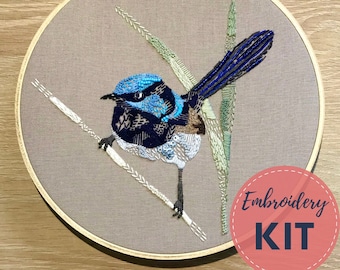 Embroidery Kit - Superb Fairy Wren - DIY Embroidery art, Hoop Art, diy craft