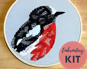 Embroidery Kit - Scarlet Robin, Modern Embroidery, Australian Bird, Hoop Art, DIY Embroidery