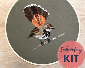 Embroidery Kit - Rufous Fantail - Australian Birds, Complete Kit, DIY Embroidery