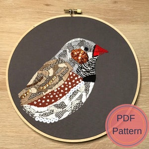 Patrón de bordado de pinzón cebra, Descarga digital, Patrón PDF, Arte de aves, Pájaro australiano, Bordado DIY, Regalo hecho a mano
