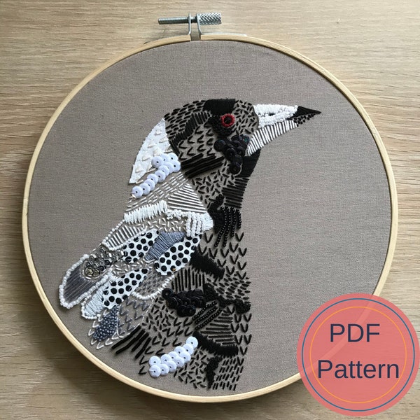 Australian Magpie Embroidery Pattern, PDF Pattern, Handmade Bird Art, Digital download, DIY Wall decor, Modern Embroidery