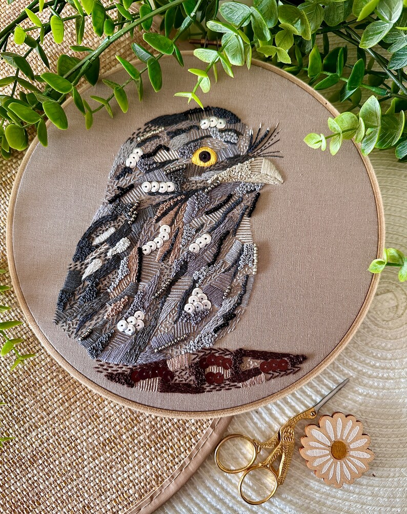 Tawny Frogmouth Digital Downloadable Pattern, Modern Embroidery art, Handmade PDF Pattern, Australian bird, Bird Art image 3