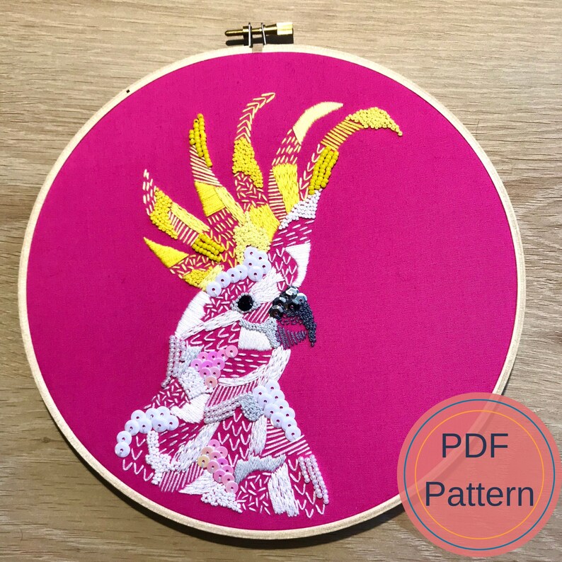 Australian Bird PDF Pattern, Sulphur Crested Cockatoo, Modern Embroidery art, Handmade, DIY Wall Art, image 7
