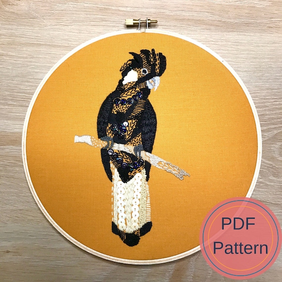 PDF Embroidery Pattern - Yellow Tailed Black Cockatoo - Australian Birds, Digital Download, DIY Embroidery