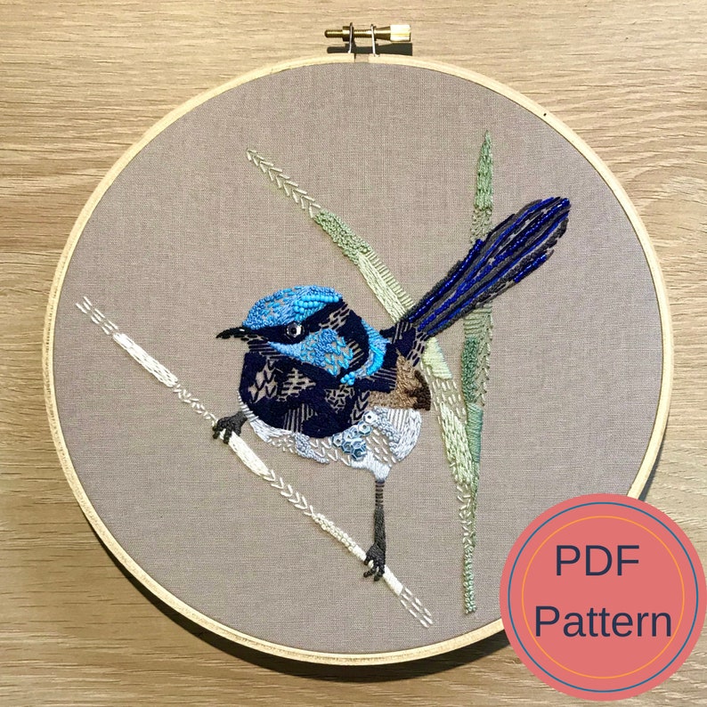 Superb Fairy Wren Digital Downloadable Pattern, Modern Embroidery art, Handmade, Australian bird image 1
