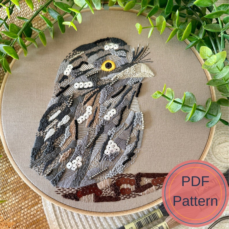 Tawny Frogmouth Digital Downloadable Pattern, Modern Embroidery art, Handmade PDF Pattern, Australian bird, Bird Art image 1