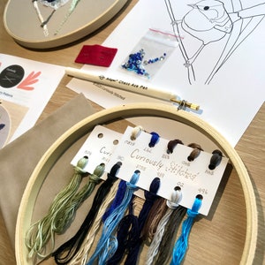 May include: A close-up of a wooden embroidery hoop with a variety of coloured embroidery floss spools. The floss is labelled with numbers and the words "Curiously Stitched".
