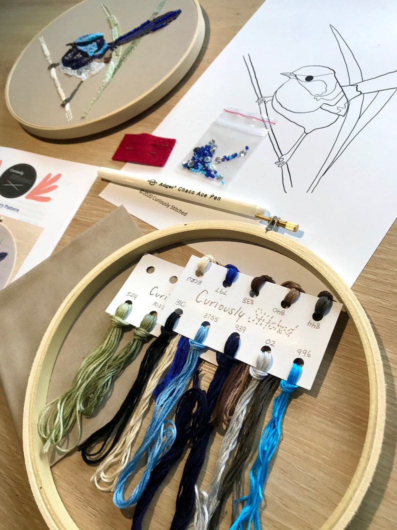 May include: A close-up of a wooden embroidery hoop with a variety of coloured embroidery floss spools. The floss is labelled with numbers and the words "Curiously Stitched".