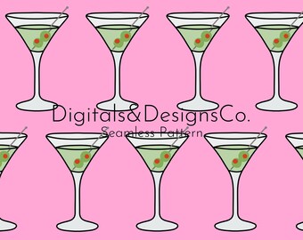 Patrón digital Martini sin costuras / patrón de repetición continua / diseño de martini rosa con clase / martini sucio con aceitunas / descarga instantánea