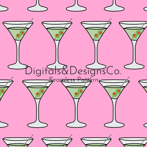 Seamless Martini Digital Pattern | continuous repeat pattern | classy pink martini Design | dirty martini with olives | instant download