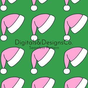 May include: A seamless pattern featuring pink and white Santa hats on a green background. The text "Digitals&DesignsCo. Seamless Pattern" is centered at the bottom of the image.