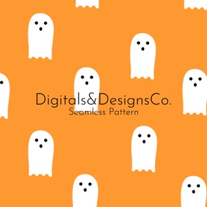 May include: A seamless pattern featuring white ghosts with black eyes and mouths on an orange background. The text "Digitals & DesignsCo. Seamless Pattern" is centered at the bottom of the image.