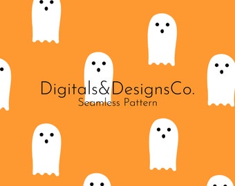 Puede incluir: Un patrón sin costuras con fantasmas blancos con ojos y bocas negros sobre un fondo naranja. El texto "Digitals & DesignsCo. Seamless Pattern" está centrado en la parte inferior de la imagen.