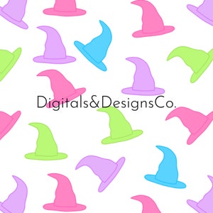 May include: A seamless pattern featuring colorful witch hats in pink, purple, blue, green, and light blue. The hats are arranged in a repeating pattern on a white background.