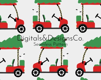 Patrón digital navideño sin fisuras / Patrón de repetición sin costuras / Diseño de golf navideño / Carro de golf rojo y verde festivo / descarga instantánea