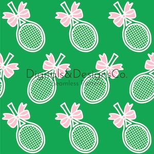 Seamless Digital Print, Cute and Classy Preppy Tennis Racquet with Bows, Pink and Green, Country Club, Continuous Digital Download, Cartoon