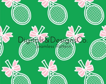 Impresión digital sin costuras, linda y elegante raqueta de tenis preppy con lazos, rosa y verde, club de campo, descarga digital continua, dibujos animados