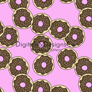 May include: A seamless pattern featuring a repeating design of chocolate doughnuts with white sprinkles on a pink background.